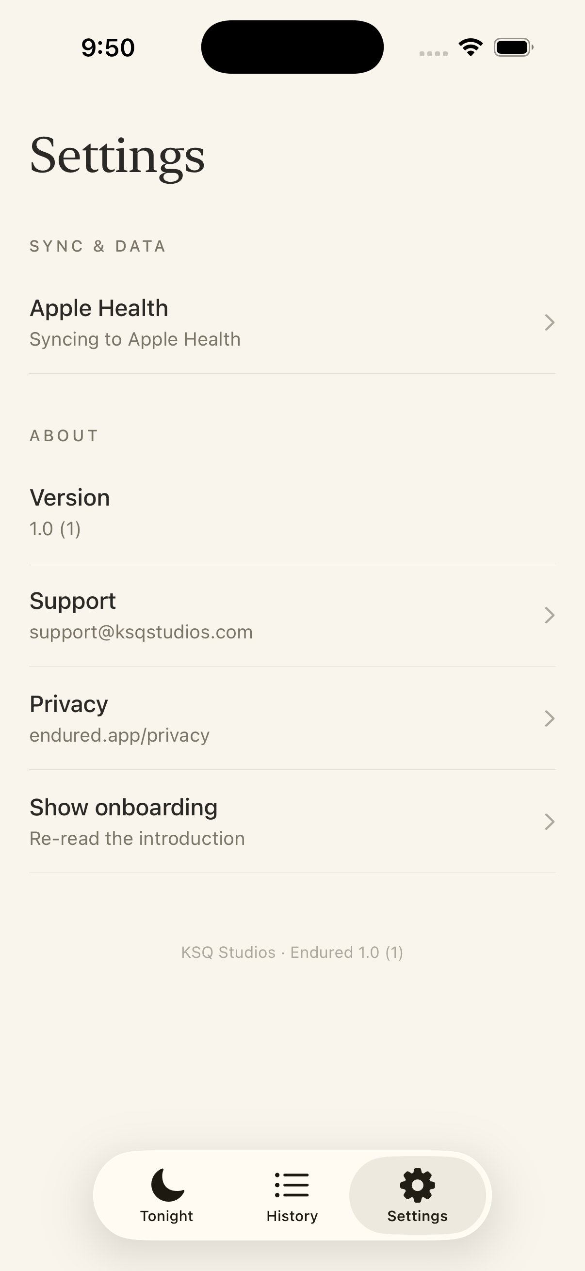The Settings screen showing the Apple Health row indicating sync is on.