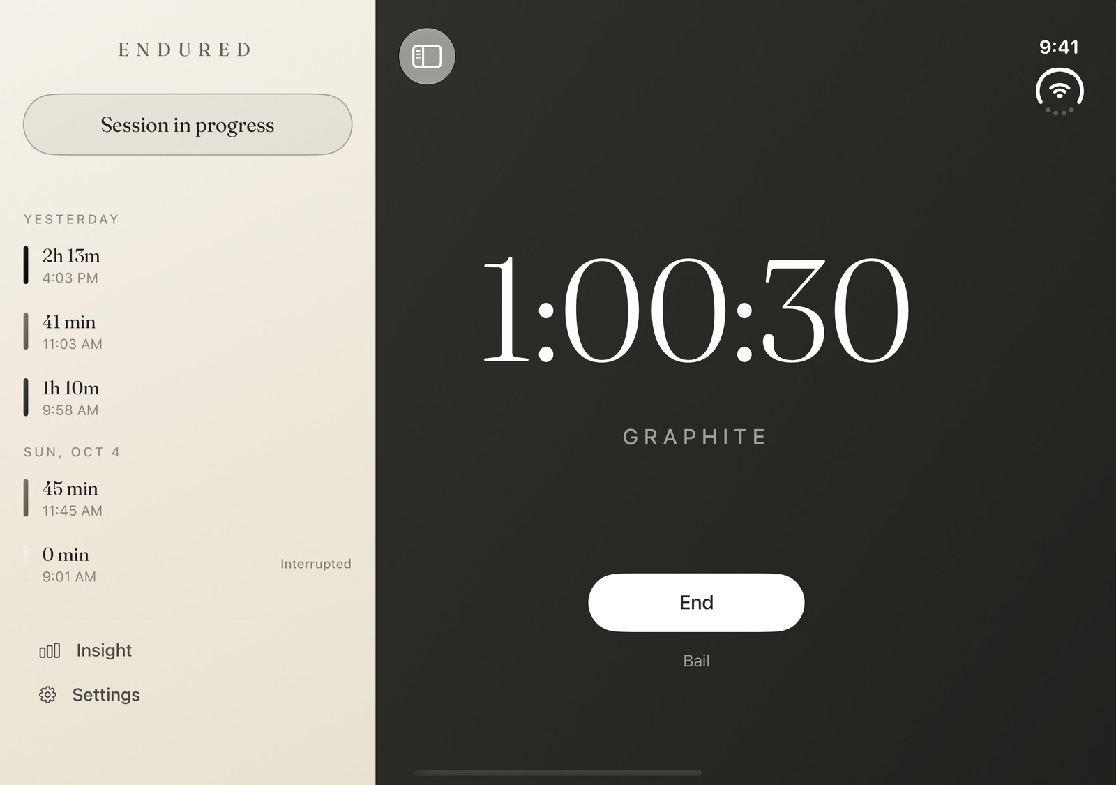 Endured on the unfolded iPhone Duo: a session at 1:00:30 in Graphite on the right, the record of past sessions on the left.